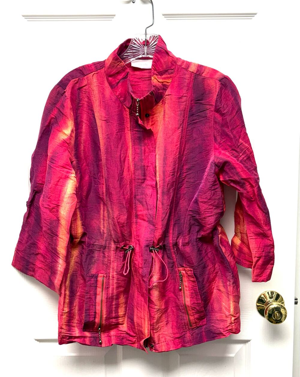 Chico’s Jacket Linen Blend Size M Pink Orange Utility Drawstring Shoulder Pads